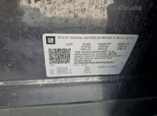3GNKBHRS3MS524657 2021 CHEVROLET BLAZER Black Vista de la etiqueta del VIN