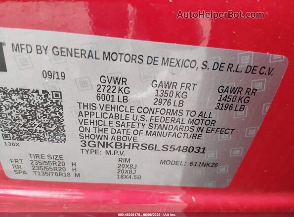 3GNKBHRS6LS548031 2020 CHEVROLET BLAZER Red Вид підкапотного простору