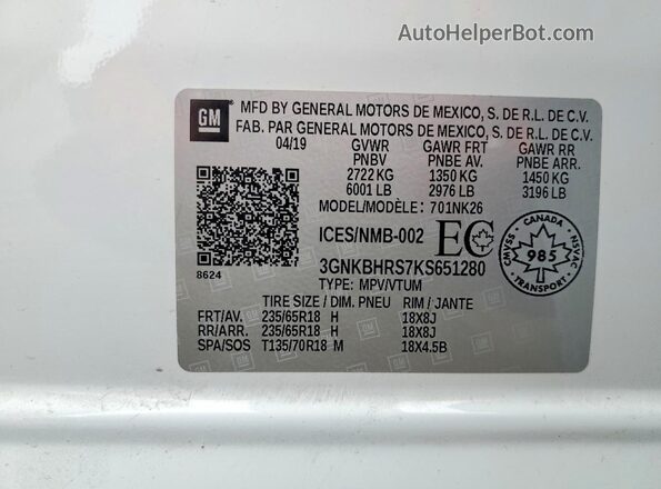 3GNKBHRS7KS651280 2019 CHEVROLET BLAZER White VIN sticker view