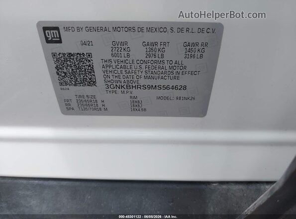 3GNKBHRS9MS564628 2021 CHEVROLET BLAZER White Շարժիչի բաժամունքի տեսք