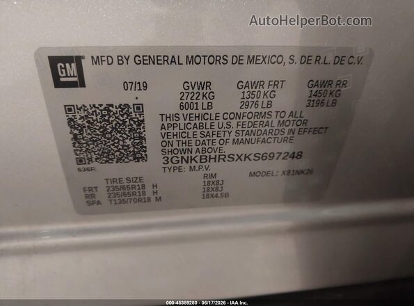 3GNKBHRSXKS697248 2019 CHEVROLET BLAZER Silver Engine compartment view