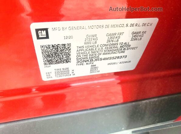 3GNKBJRS4MS529373 2021 CHEVROLET BLAZER Red Вид наклейки з VIN-кодом