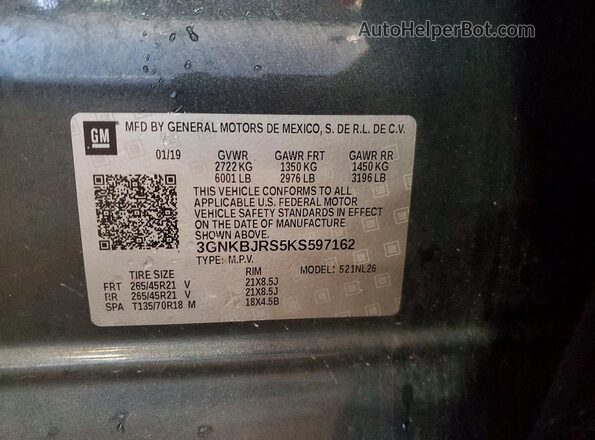 3GNKBJRS5KS597162 2019 CHEVROLET BLAZER Gray Вид наклейки з VIN-кодом