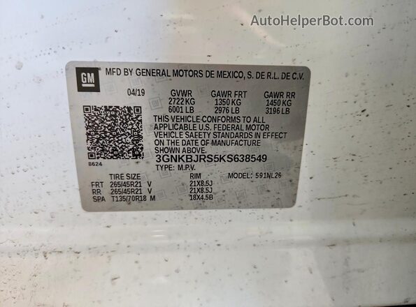 3GNKBJRS5KS638549 2019 CHEVROLET BLAZER Белый 