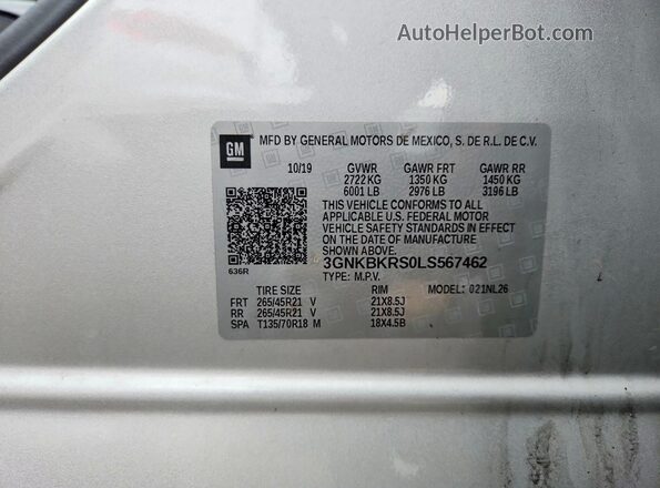 3GNKBKRS0LS567462 2020 CHEVROLET BLAZER Silver VIN կոդի պիտակի տեսք