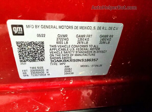 3GNKBKRS0NS186357 2022 CHEVROLET BLAZER Burgundy Widok naklejki z numerem VIN