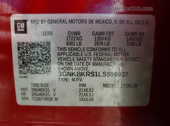 3GNKBKRS1LS596937 2020 CHEVROLET BLAZER Red VIN կոդի պիտակի տեսք
