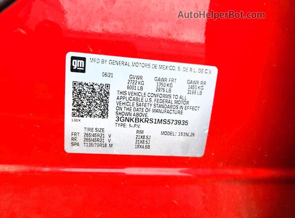 3GNKBKRS1MS573935 2021 CHEVROLET BLAZER Red VIN sticker view