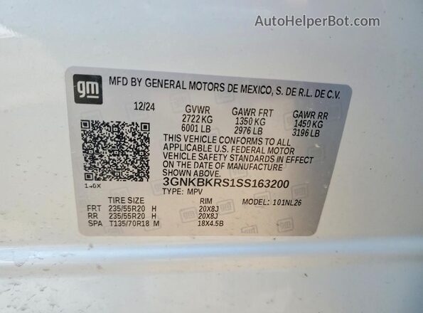 3GNKBKRS1SS163200 2025 CHEVROLET BLAZER White Vista interior de 360 grados