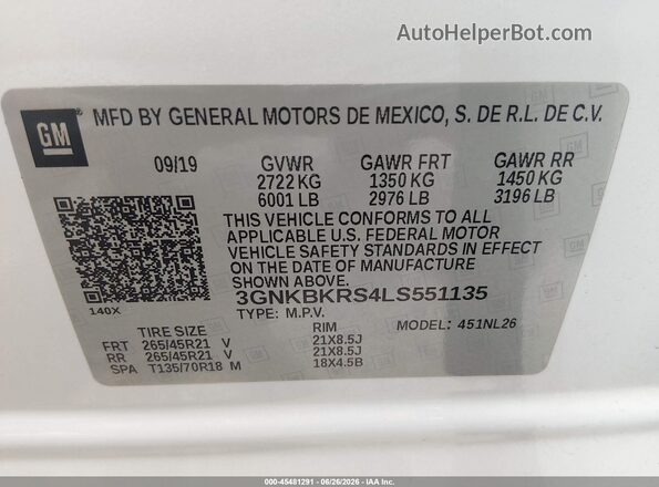 3GNKBKRS4LS551135 2020 CHEVROLET BLAZER White Вид підкапотного простору
