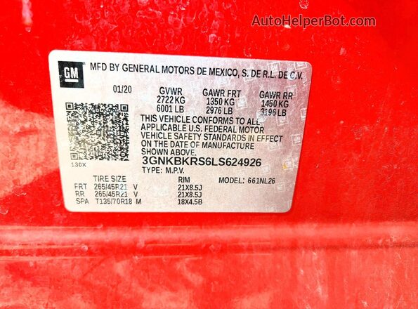 3GNKBKRS6LS624926 2020 CHEVROLET BLAZER Red Widok naklejki z numerem VIN
