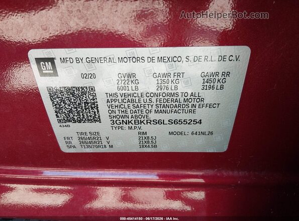 3GNKBKRS6LS655254 2020 CHEVROLET BLAZER Red Vista del compartimento del motor
