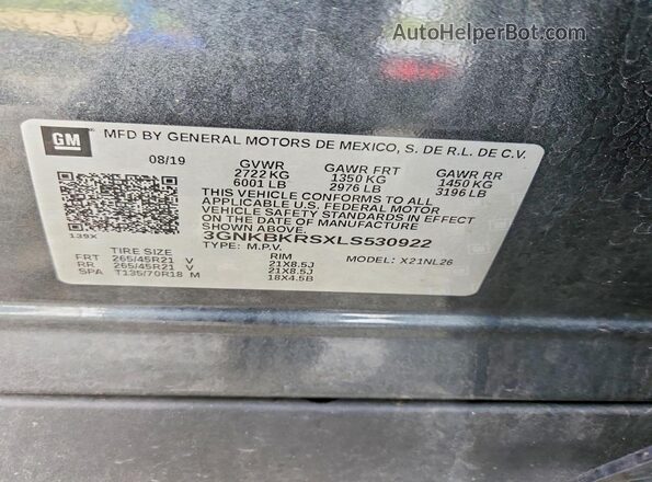 3GNKBKRSXLS530922 2020 CHEVROLET BLAZER Gray Widok naklejki z numerem VIN