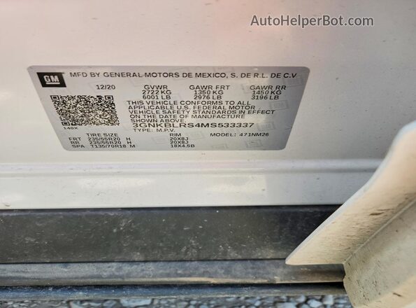 3GNKBLRS4MS533337 2021 CHEVROLET BLAZER White 