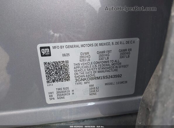 3GNKDBRM1SS243592 2025 CHEVROLET OTHER Gray ძრავის განყოფილების ხედი