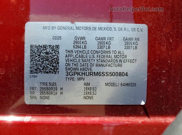 3GPKHURM6SS500804 2025 HONDA PROLOGUE Red VIN կոդի պիտակի տեսք