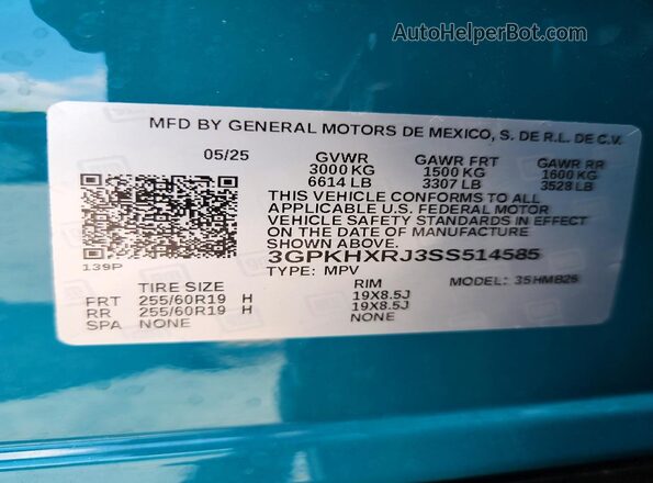 3GPKHXRJ3SS514585 2025 HONDA PROLOGUE Turquoise VIN კოდის სტიკერის ხედი