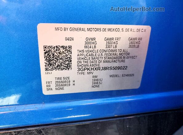 3GPKHXRJ8RS509022 2024 HONDA PROLOGUE Blue VIN კოდის სტიკერის ხედი