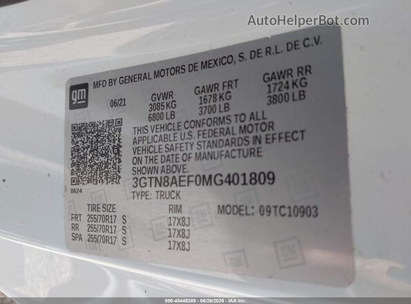 3GTN8AEF0MG401809 2021 GMC SIERRA White Widok komory silnika