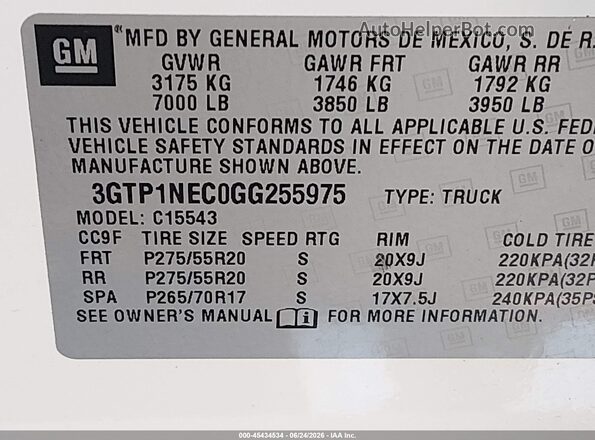 3GTP1NEC0GG255975 2016 GMC SIERRA White Вид підкапотного простору