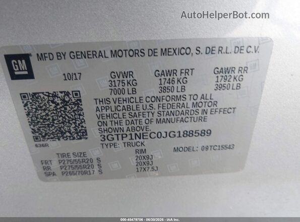 3GTP1NEC0JG188589 2018 GMC SIERRA Silver Շարժիչի բաժամունքի տեսք
