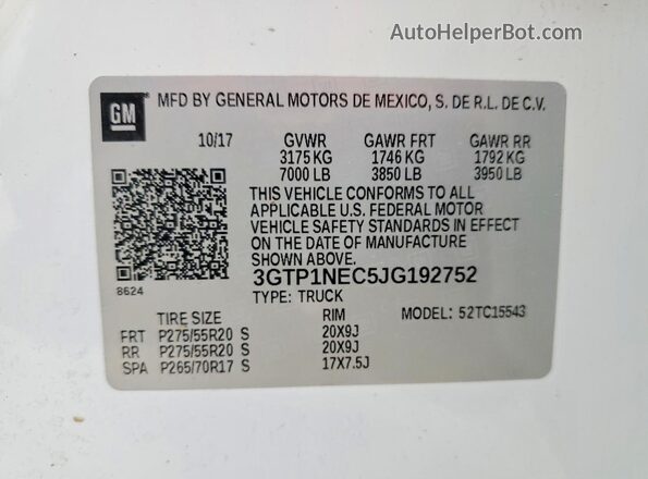 3GTP1NEC5JG192752 2018 GMC SIERRA White VIN կոդի պիտակի տեսք