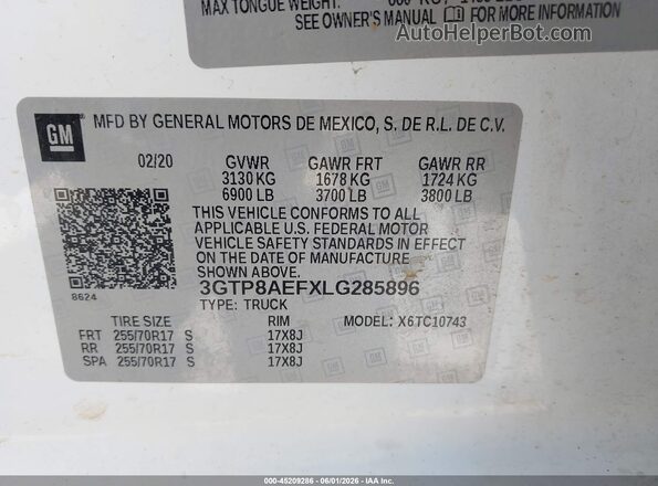 3GTP8AEFXLG285896 2020 GMC SIERRA White Շարժիչի բաժամունքի տեսք