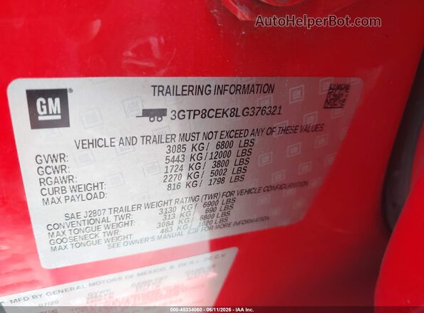 3GTP8CEK8LG376321 2020 GMC SIERRA Red Շարժիչի բաժամունքի տեսք