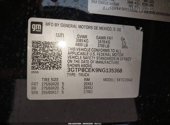 3GTP8CEK9NG135368 2022 GMC SIERRA Black Widok komory silnika