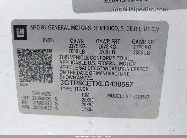 3GTP8CETXLG438567 2020 GMC SIERRA Белый Вид подкапотного пространства