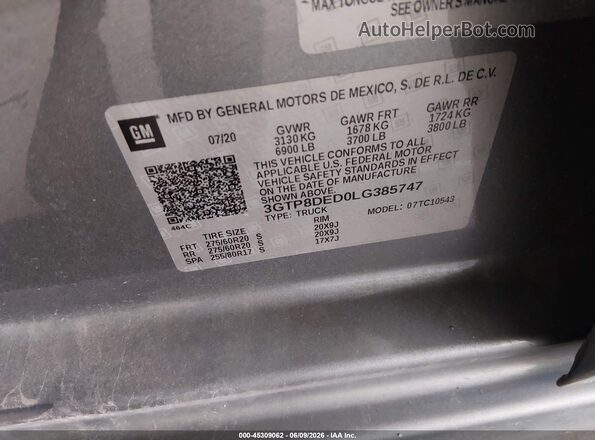 3GTP8DED0LG385747 2020 GMC SIERRA Gray 