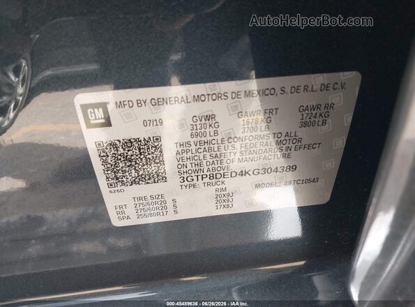 3GTP8DED4KG304389 2019 GMC SIERRA Gray Widok komory silnika