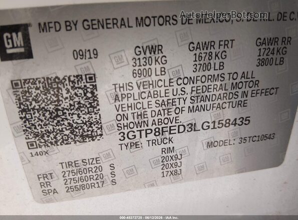 3GTP8FED3LG158435 2020 GMC SIERRA White Widok komory silnika