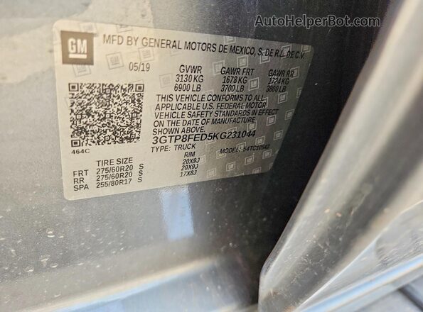3GTP8FED5KG231044 2019 GMC SIERRA Gray VIN կոդի պիտակի տեսք