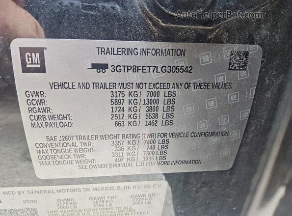 3GTP8FET7LG305542 2020 GMC SIERRA Черный 