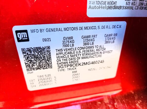 3GTP9CEK2MG460245 2021 GMC SIERRA Red VIN კოდის სტიკერის ხედი