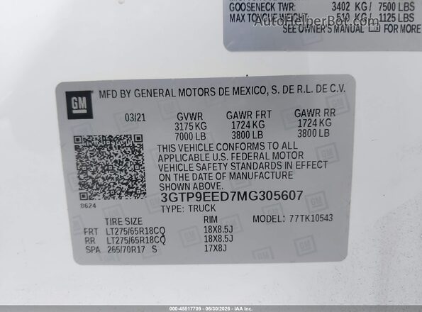 3GTP9EED7MG305607 2021 GMC SIERRA White Շարժիչի բաժամունքի տեսք
