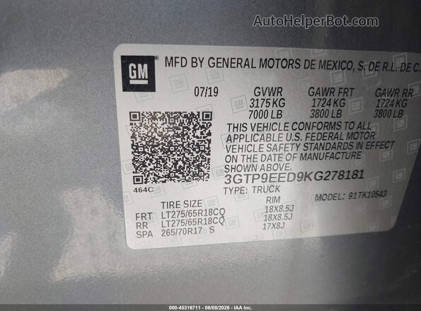 3GTP9EED9KG278181 2019 GMC SIERRA Gray Engine compartment view
