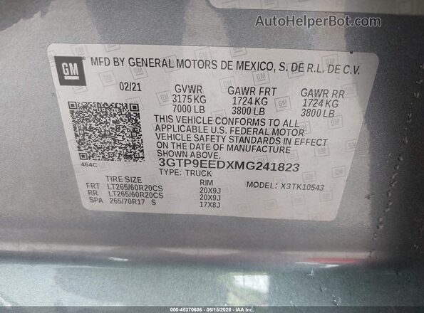3GTP9EEDXMG241823 2021 GMC SIERRA Gray Вид підкапотного простору