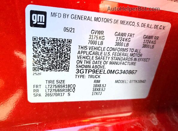 3GTP9EEL0MG340867 2021 GMC SIERRA Red Вид наклейки з VIN-кодом