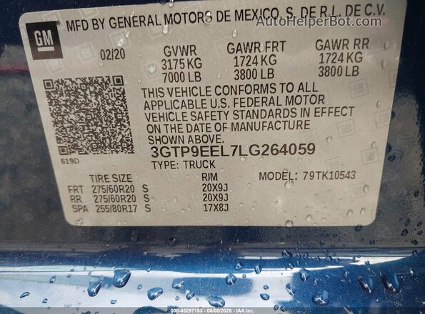 3GTP9EEL7LG264059 2020 GMC SIERRA Blue Vista del compartimento del motor