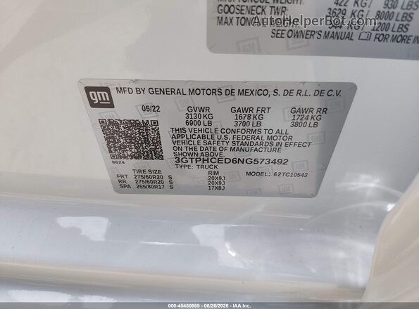 3GTPHCED6NG573492 2022 GMC SIERRA White Շարժիչի բաժամունքի տեսք