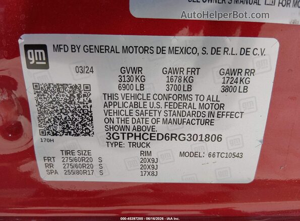 3GTPHCED6RG301806 2024 GMC SIERRA Red ძრავის განყოფილების ხედი