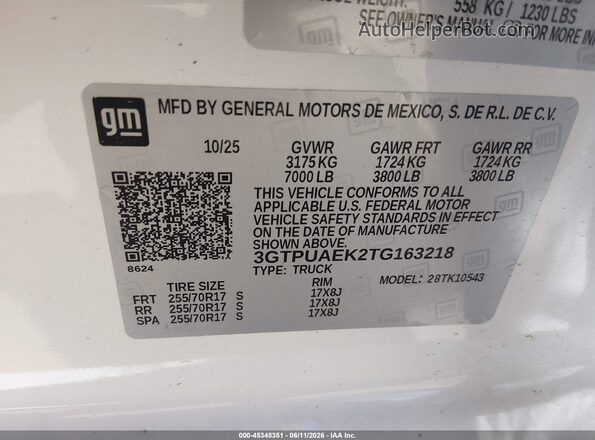3GTPUAEK2TG163218 2026 GMC SIERRA White Вид підкапотного простору