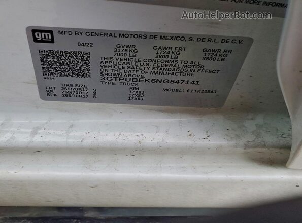 3GTPUBEK6NG547141 2022 GMC SIERRA White VIN կոդի պիտակի տեսք