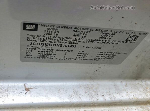 3GTU2MEC1HG101433 2017 GMC SIERRA Silver Vista de la etiqueta del VIN
