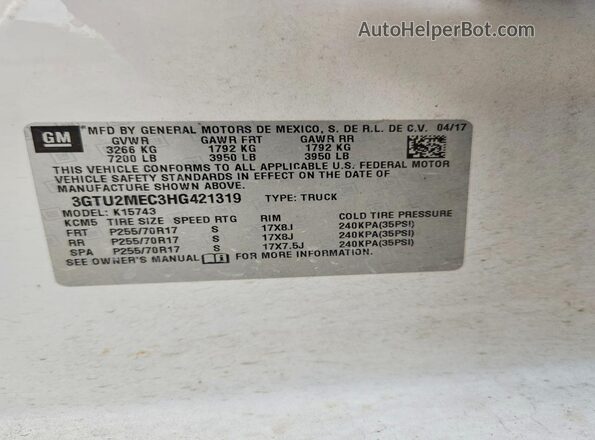 3GTU2MEC3HG421319 2017 GMC SIERRA White Widok komory silnika