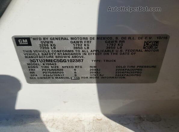 3GTU2MEC5GG102387 2016 GMC SIERRA White ძრავის განყოფილების ხედი