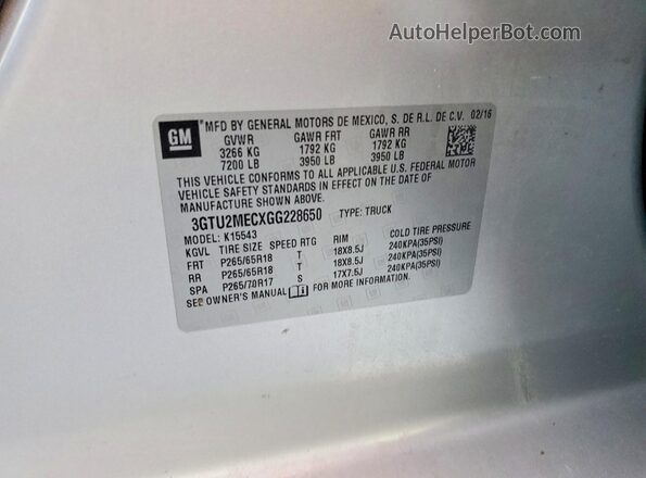 3GTU2MECXGG228650 2016 GMC SIERRA Silver Widok naklejki z numerem VIN