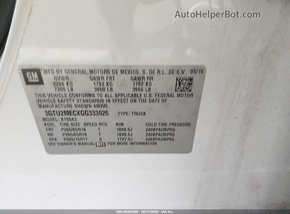 3GTU2MECXGG333026 2016 GMC SIERRA White Engine compartment view
